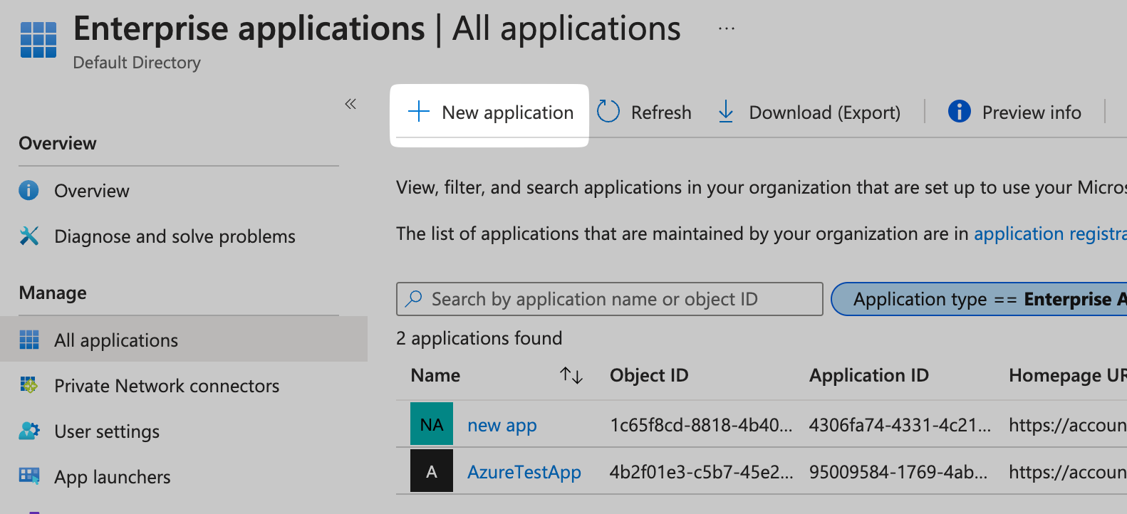 Click on New application