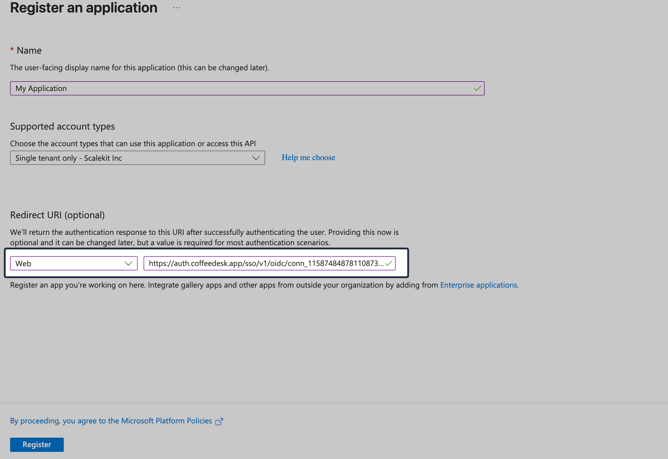 Microsoft Entra registration screen with Web Redirect URI configured