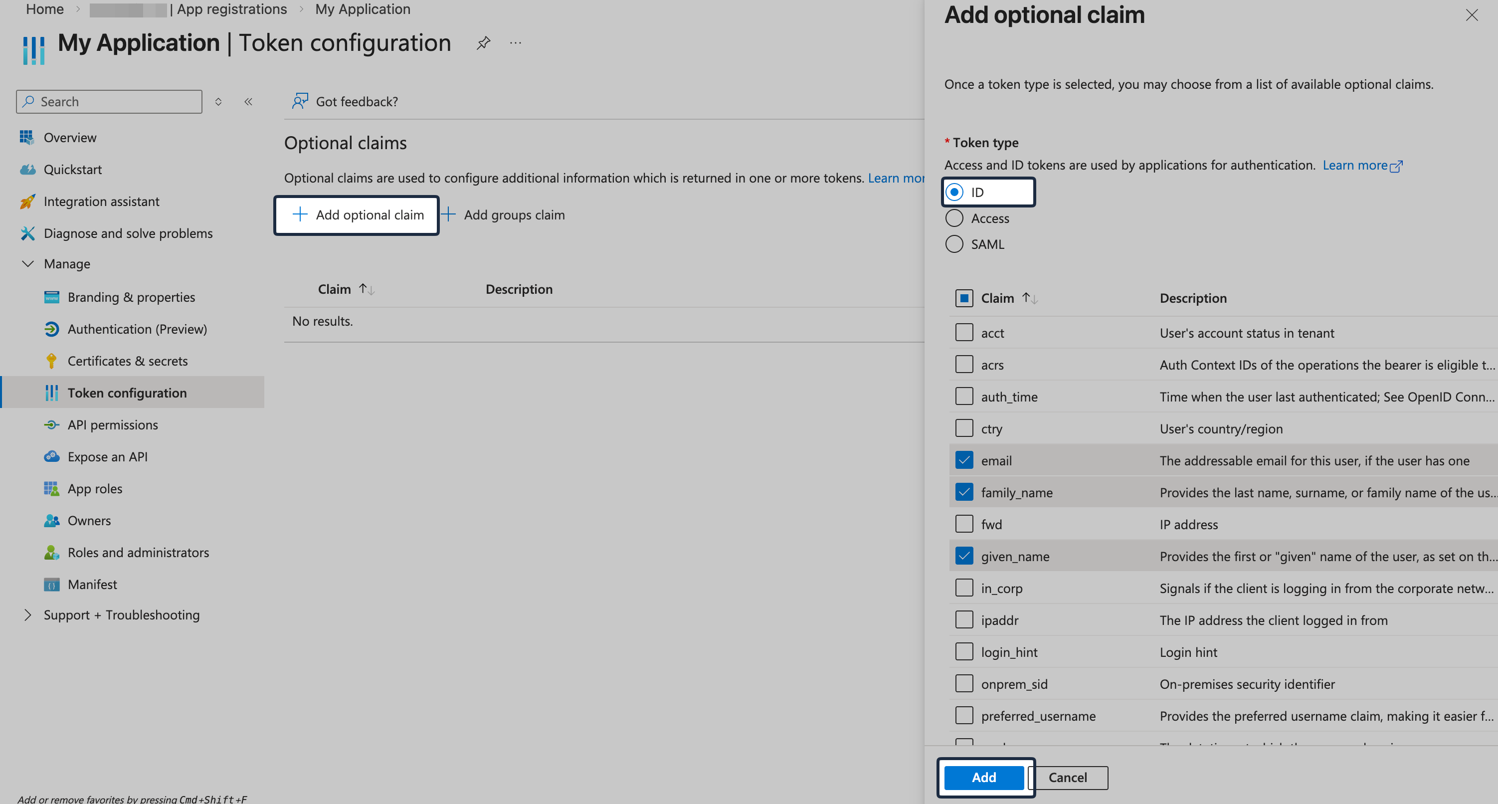 Add optional claim dialog with ID token claims email family_name and given_name selected