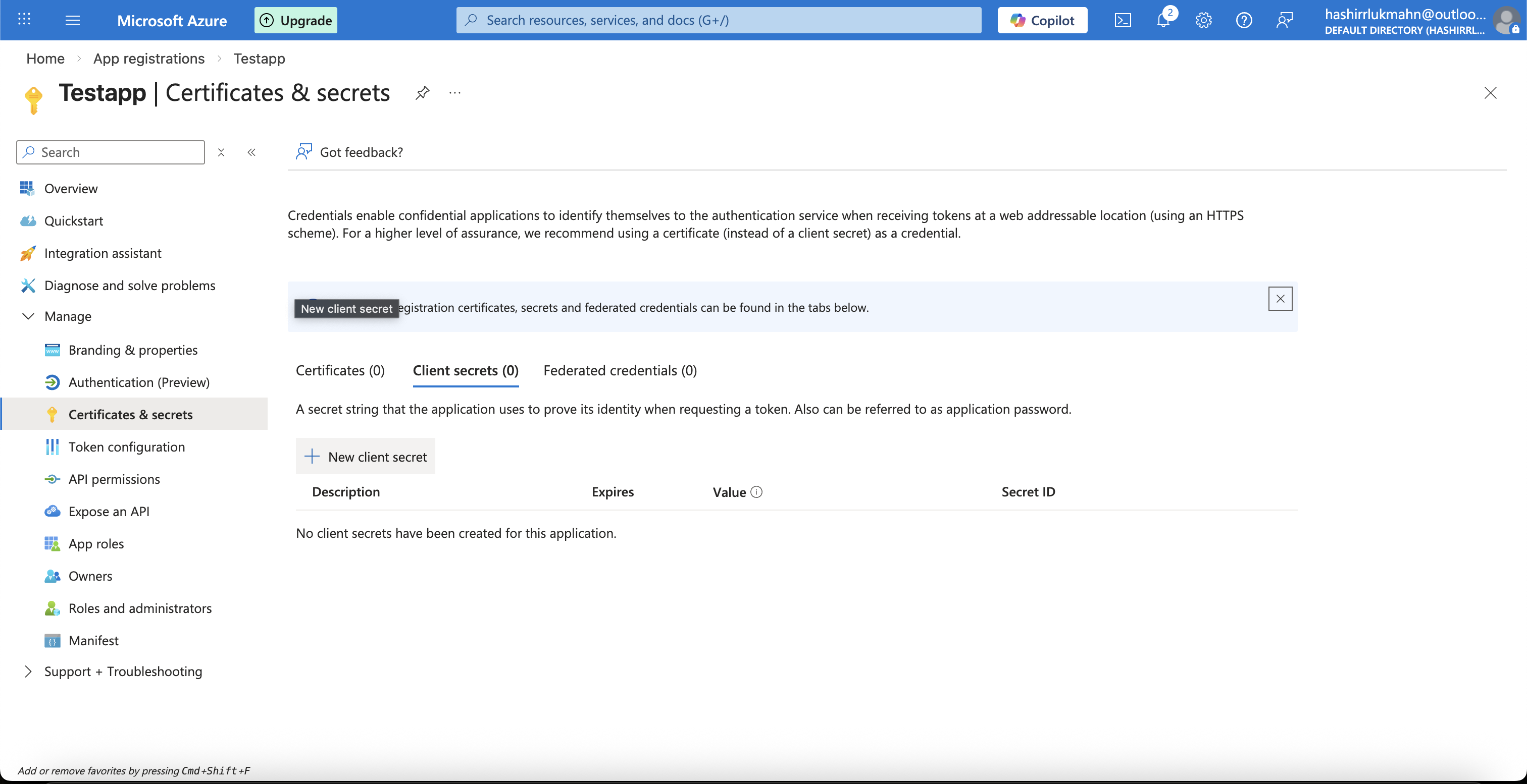 Certificates and secrets page in Azure portal
