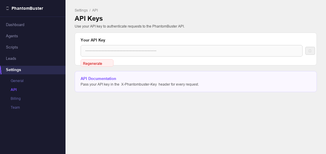 PhantomBuster Settings API page showing the API key field with copy button
