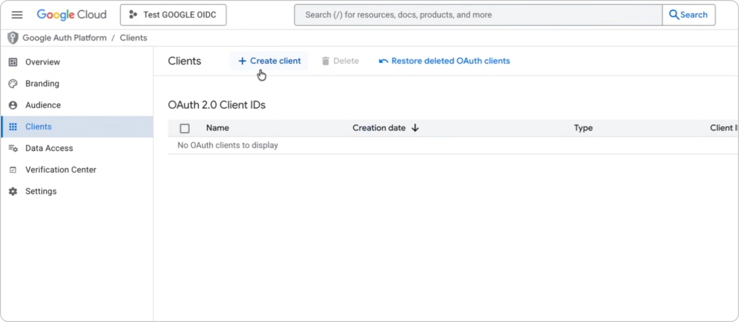 Google Auth Platform Clients page with Create client button