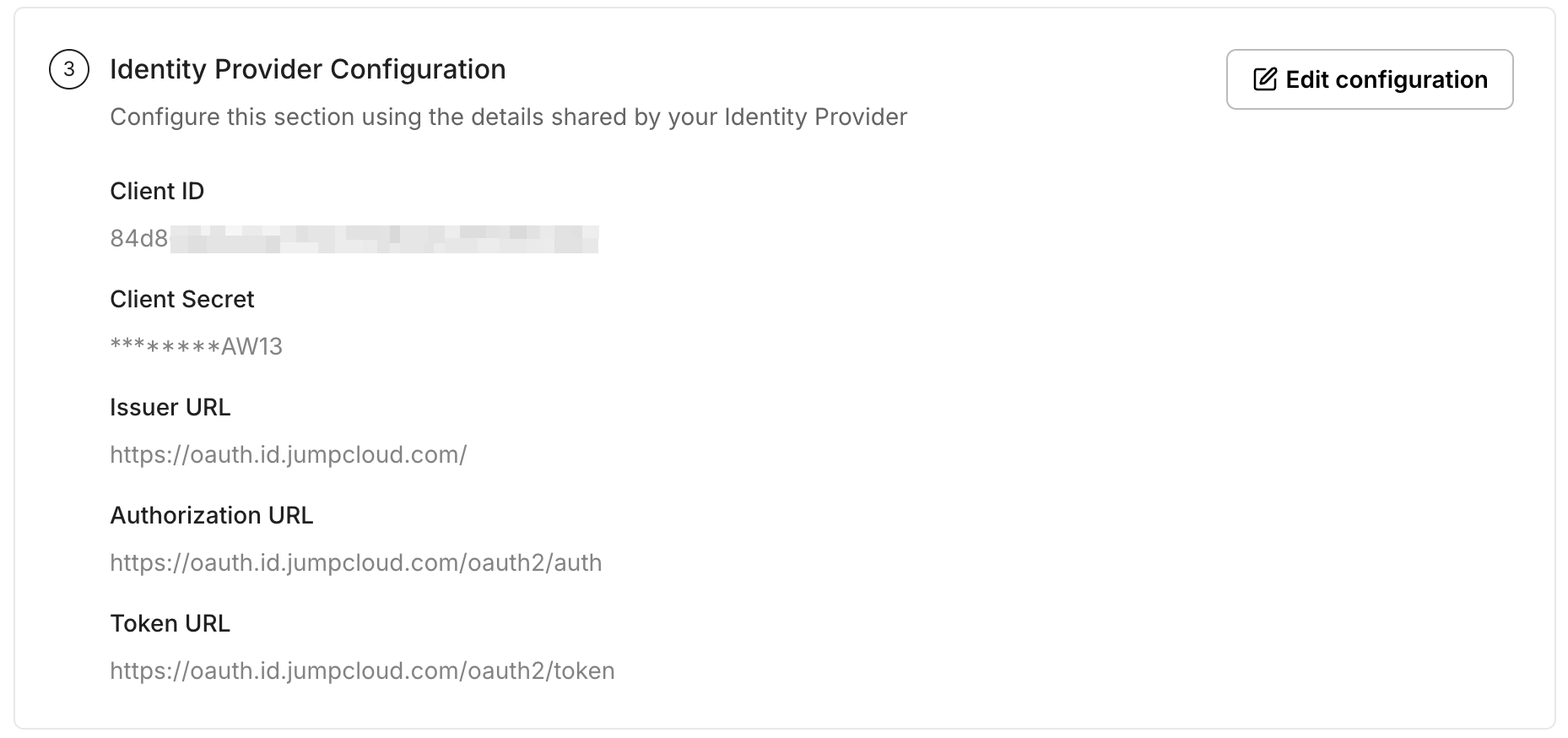 SSO Configuration Portal showing the JumpCloud Issuer URL after update