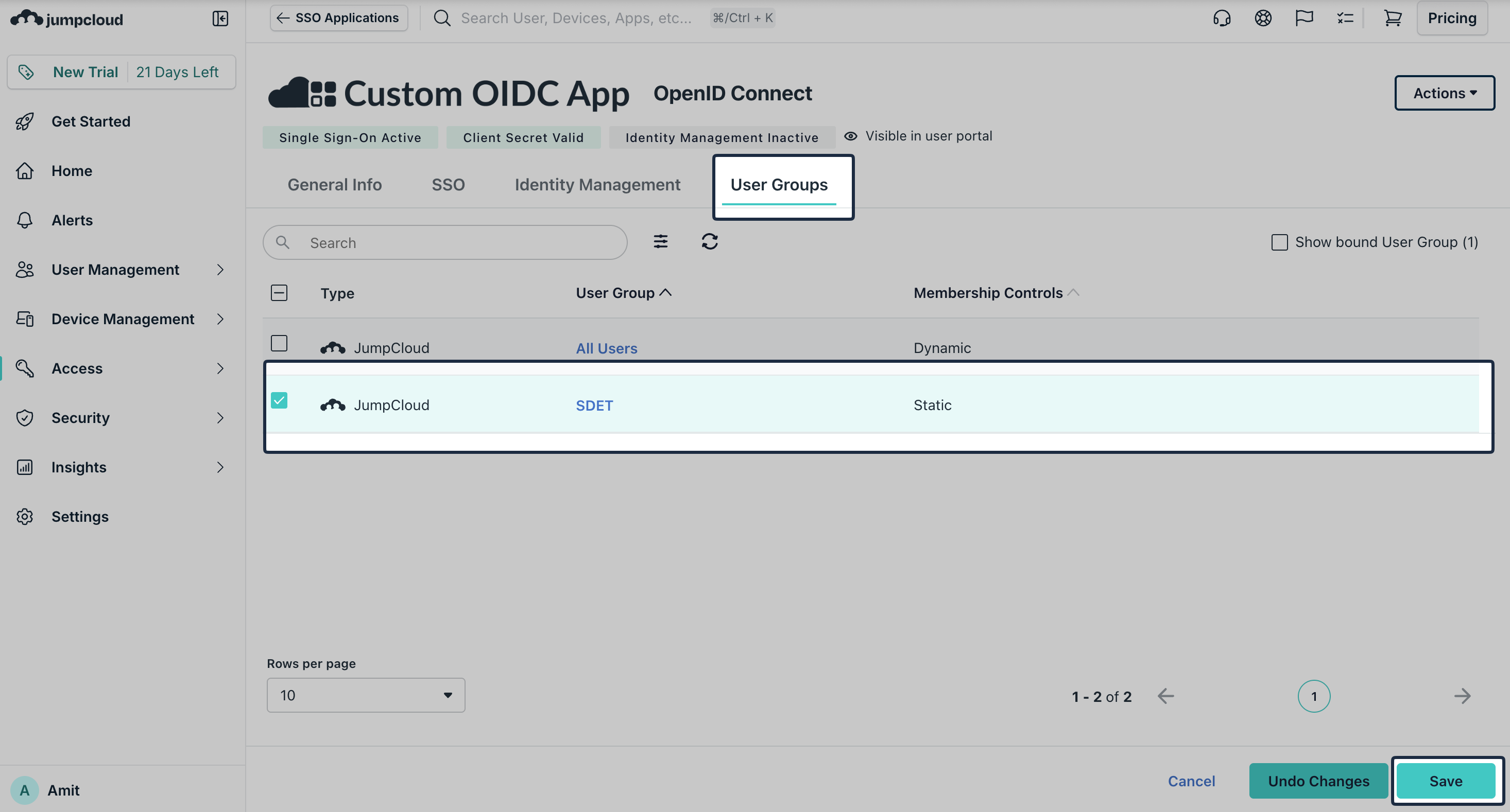 JumpCloud User Groups tab with assigned groups selected for the OIDC app