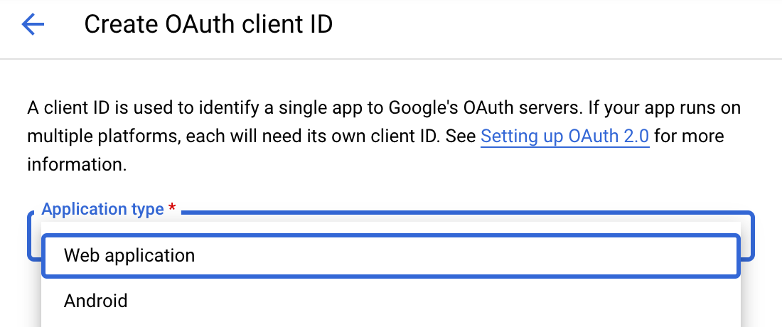 Select Web application in Google Cloud Console