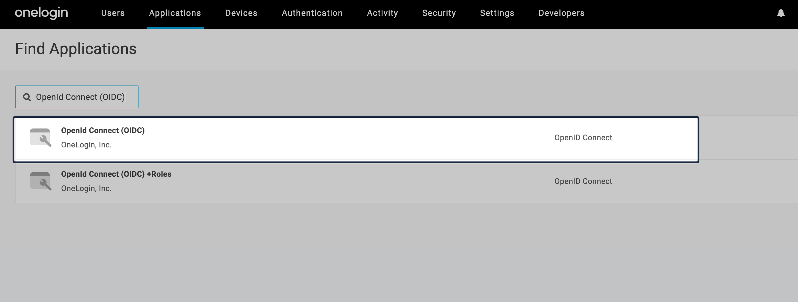 OneLogin Find Application results with OpenId Connect (OIDC) selected