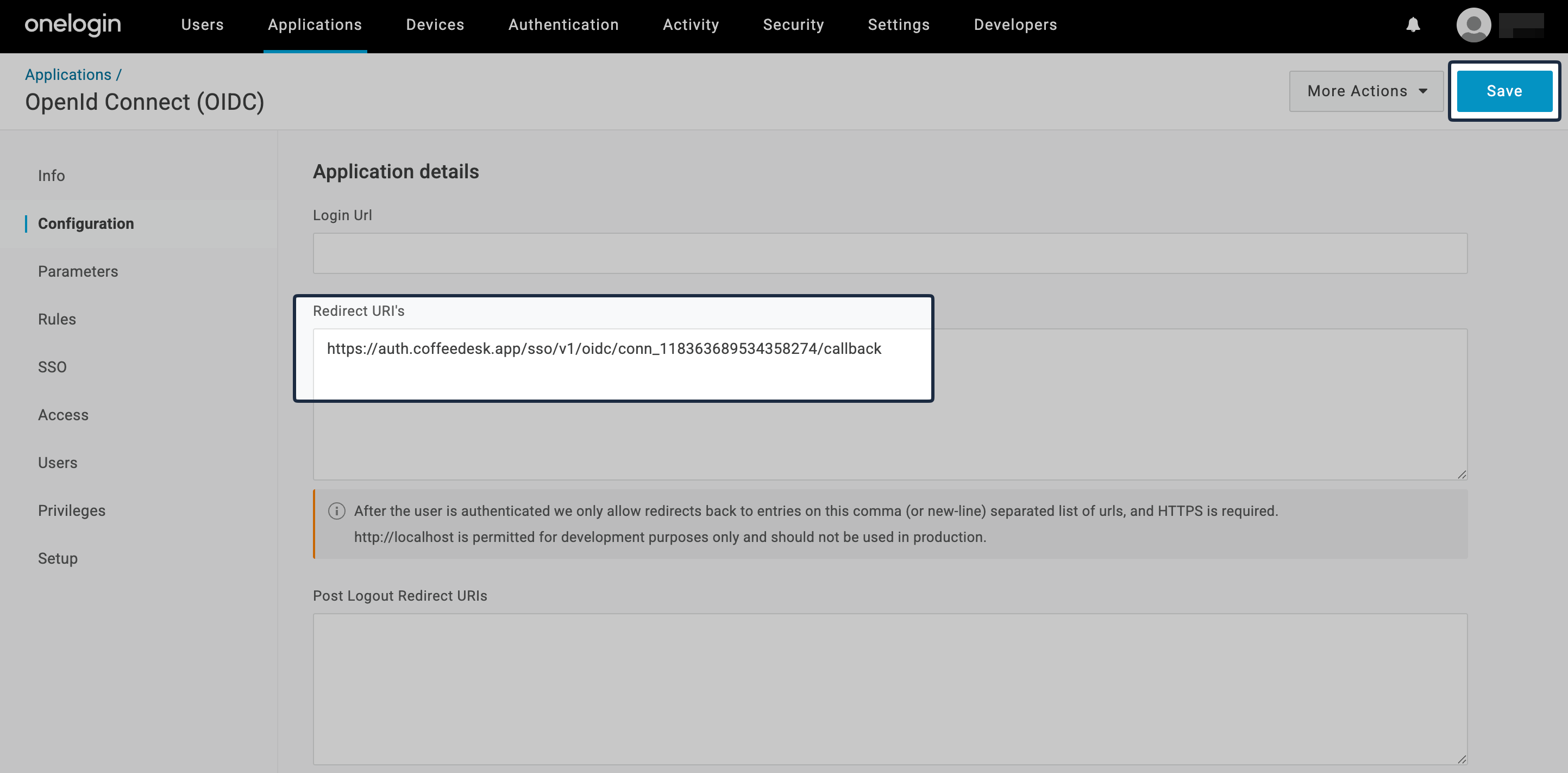 OneLogin Configuration tab with Redirect URIs section populated for the OIDC app