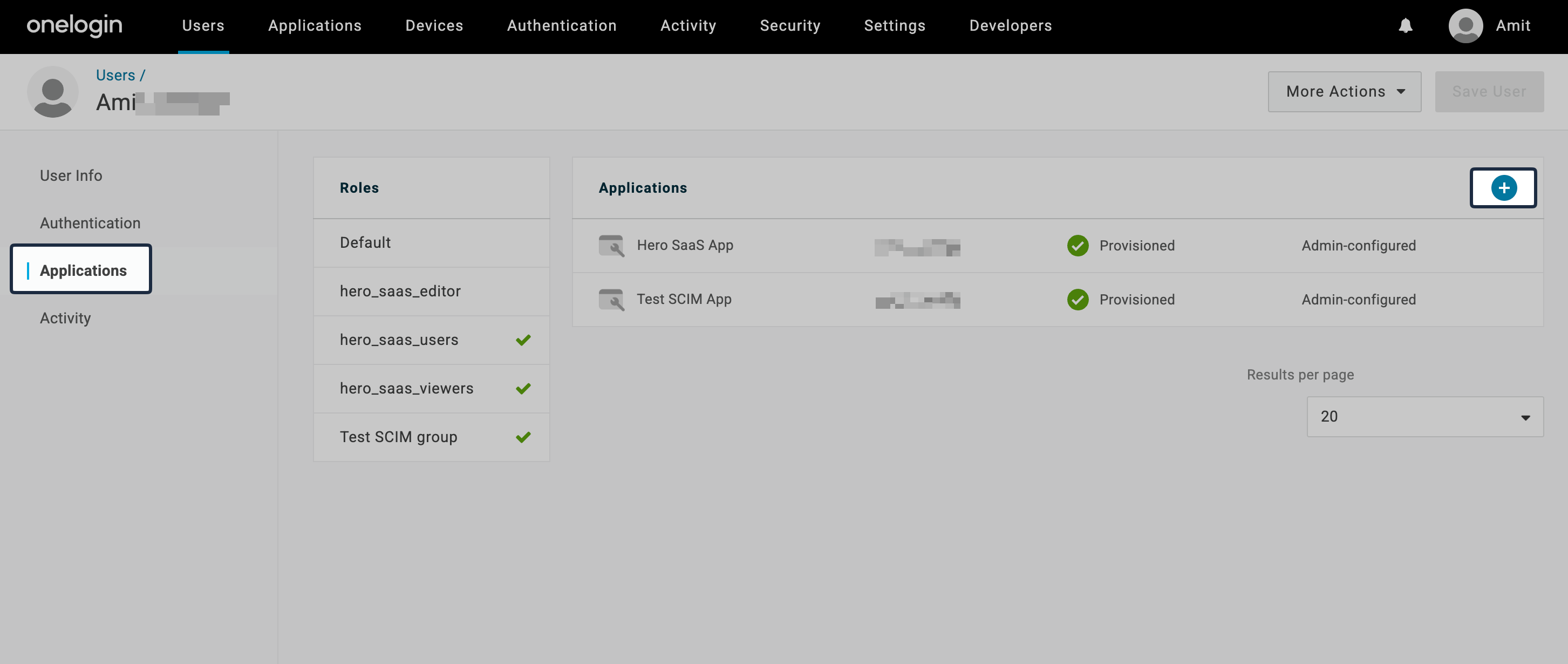 OneLogin user Applications tab with the add application action
