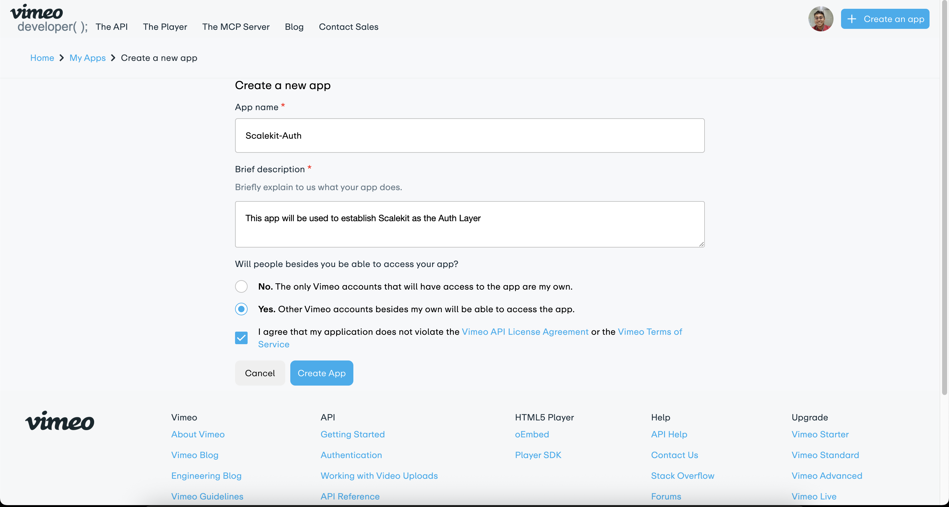 Vimeo Create a new app form filled with Scalekit-Auth details