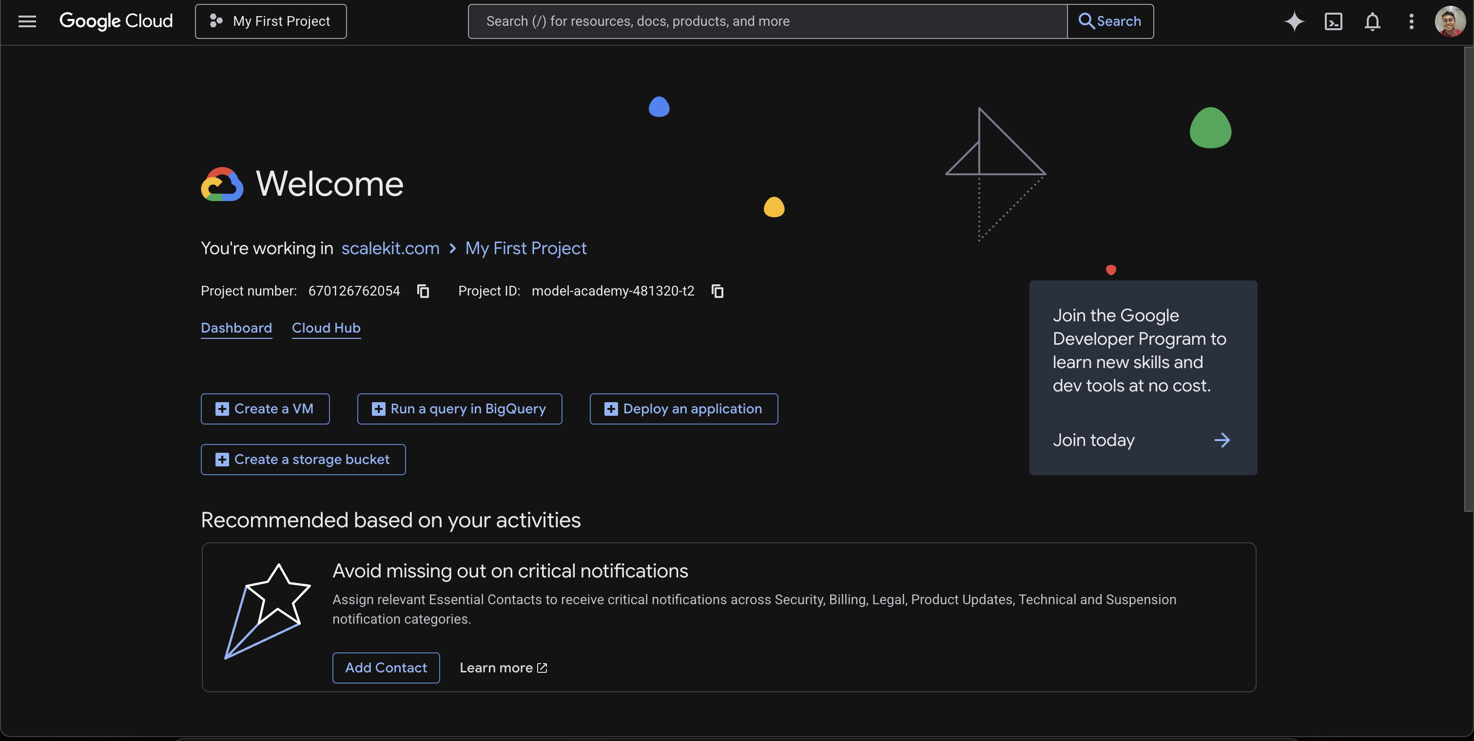 Google Cloud Console welcome page