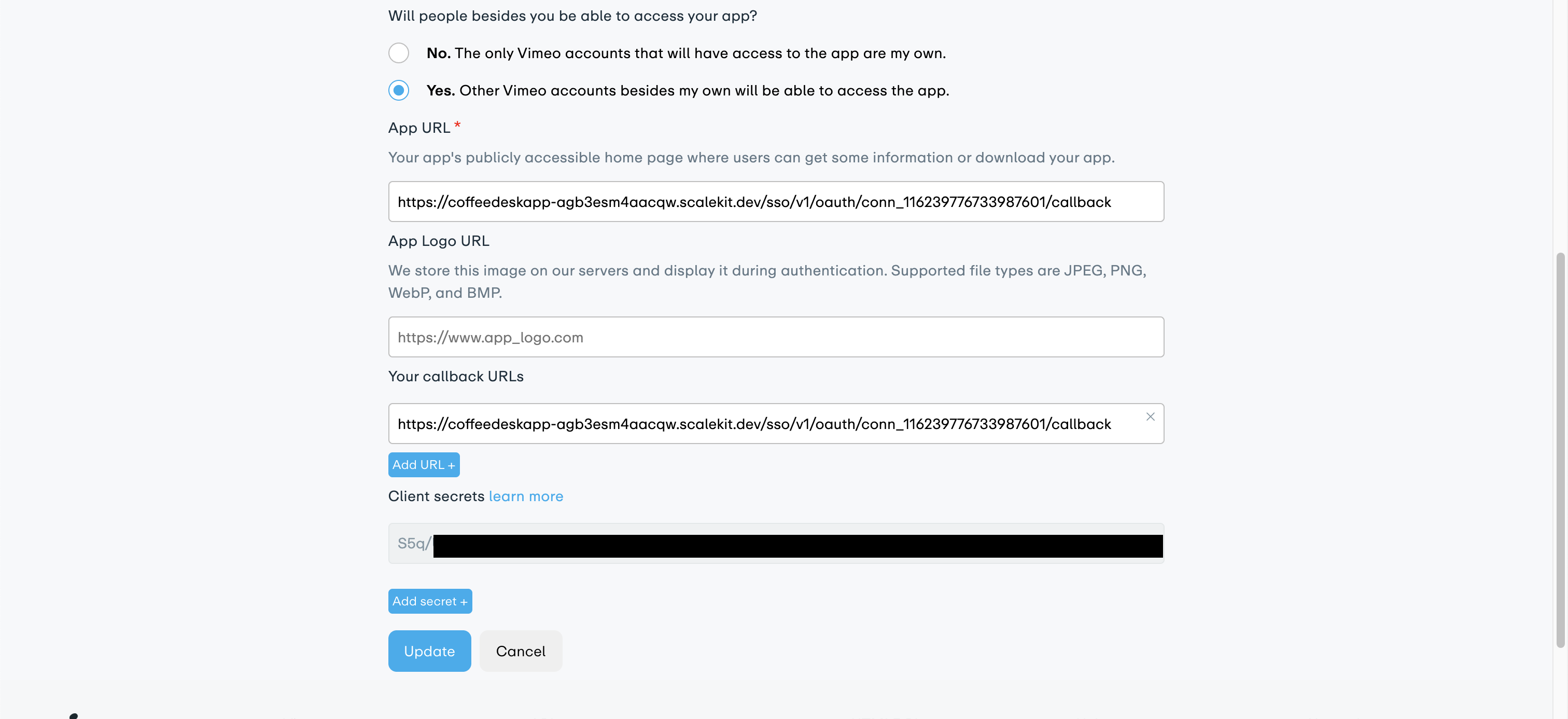 Vimeo app settings with callback URL and client secret configured